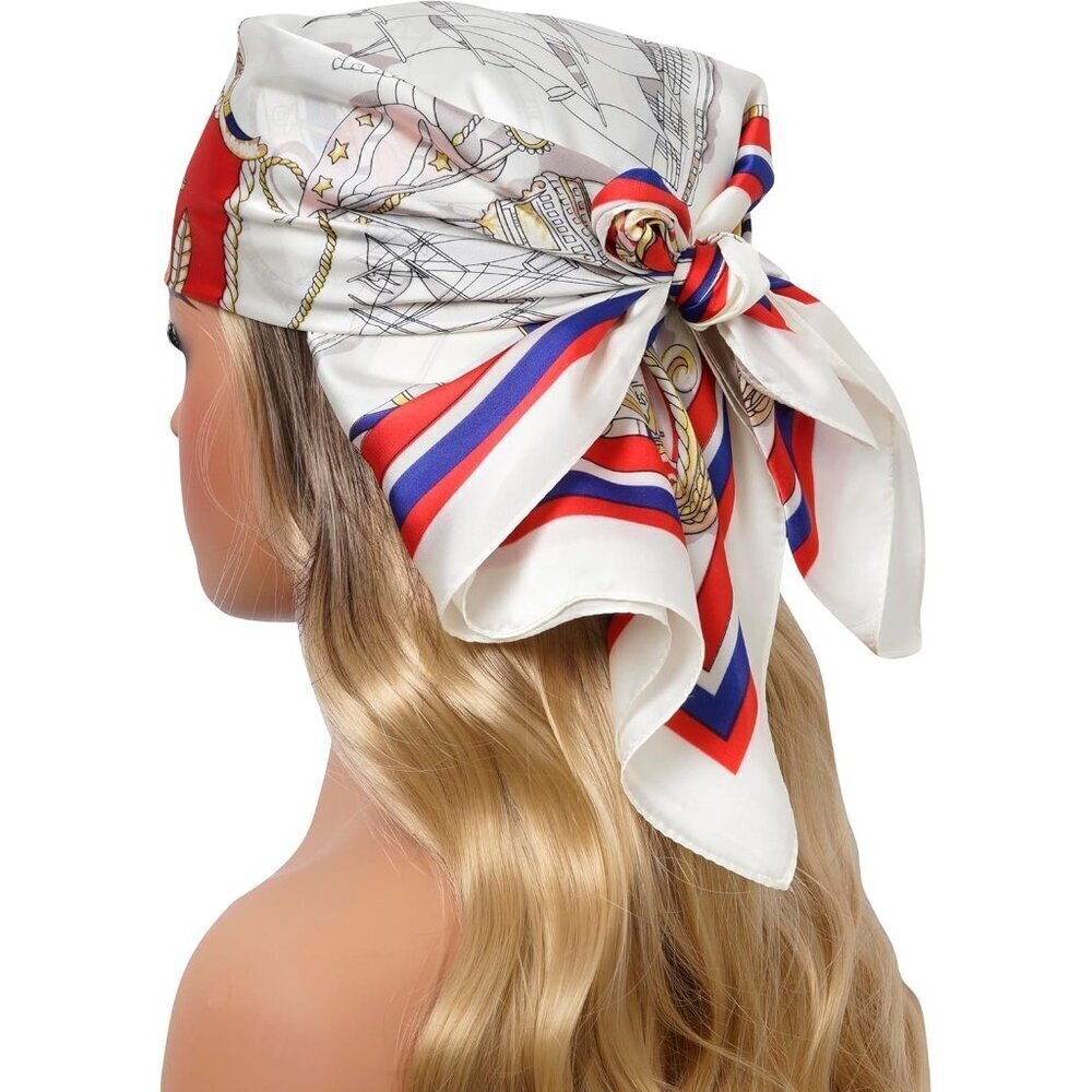 Women Red Sailboat Headscarf Satin Bandana Pattern Polyester Breathable Scarves - Picture 3 of 7